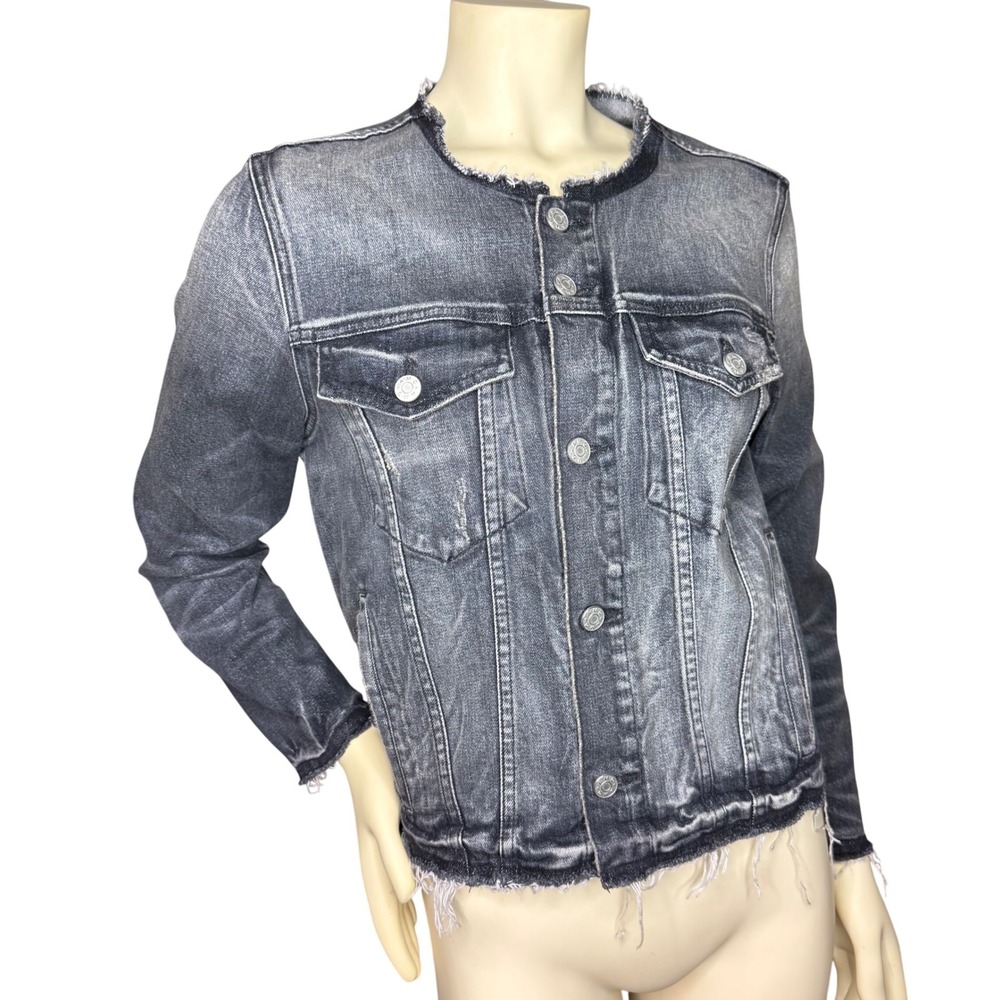 AMO Lola Denim Jacket Women Large Smoke Frayed Hem Collarless Black Trucker